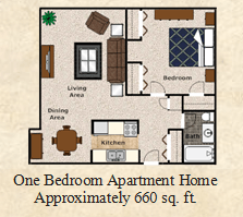 Floor plan for 1 bed, 1 bath